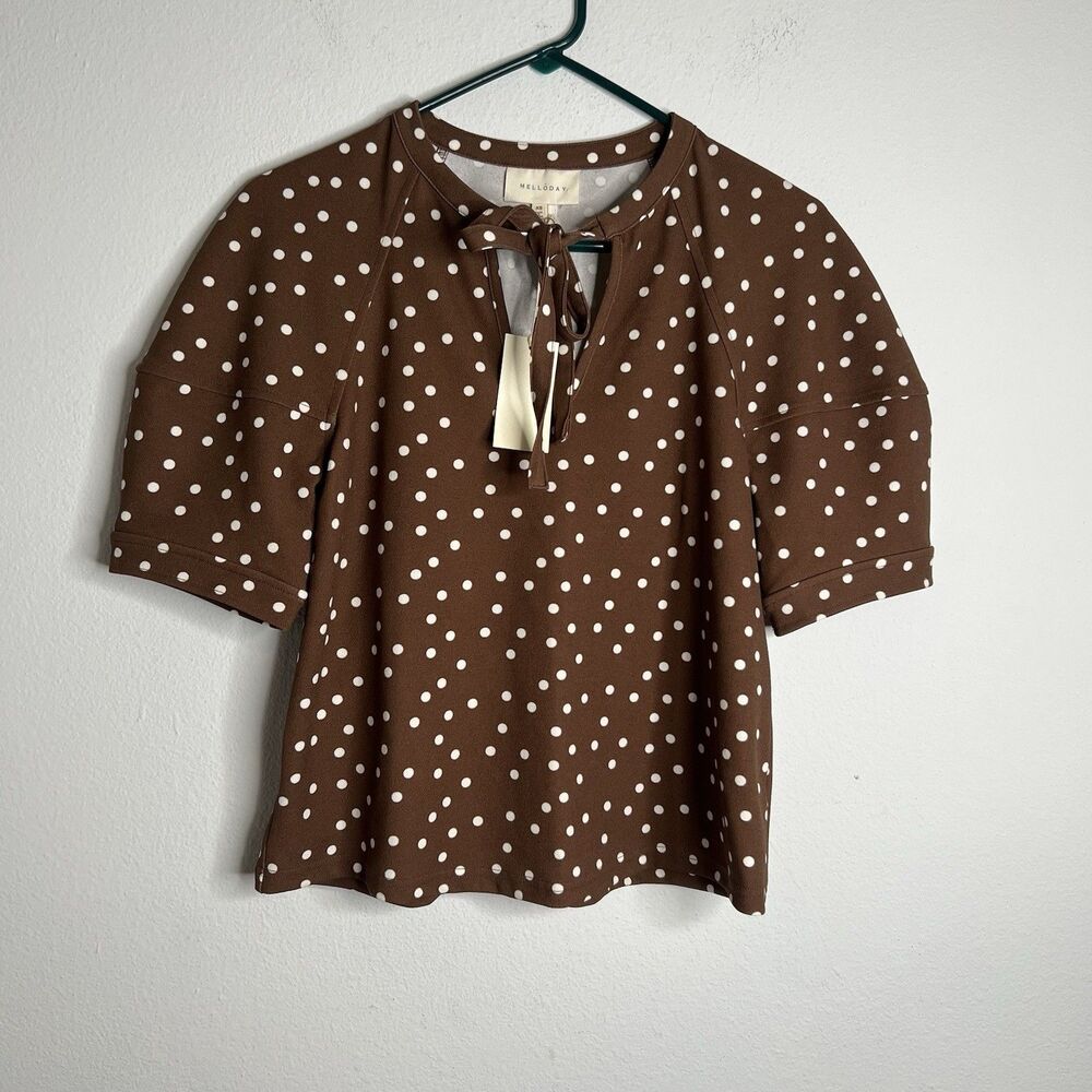 MELLODAY Women Top Brown Polka Dots White Short Sleeve Top Size XS